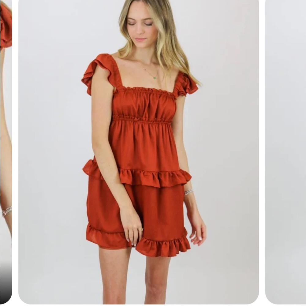 NWT WeWoreWhat Flirty Ruffle Dress, crinkle chiffon, size medium, clay color